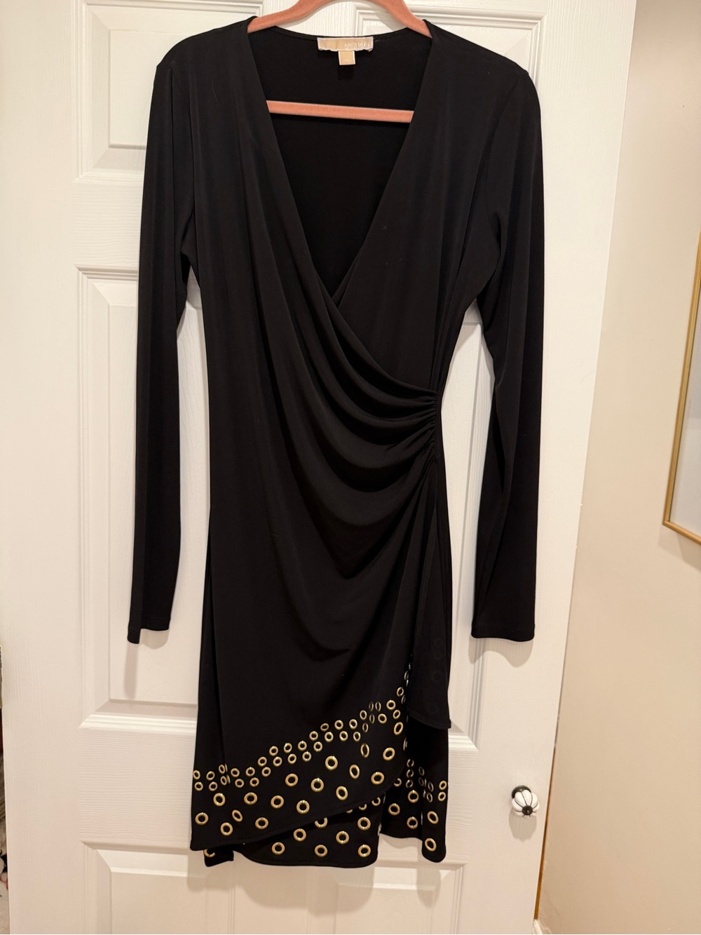 Michael Kors Black Long-Sleeve Draped Wrap Dress with Gold Eyelet Hem
